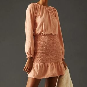 NWT Sundry Ruffle Smocked Long Sleeve Blouson Dress Size XS Taupe Stretchy